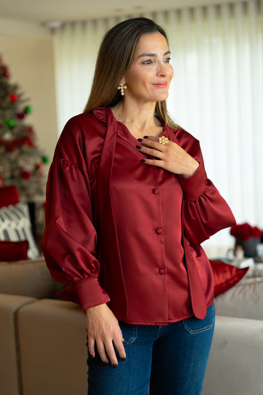 Blusa cetim lisa bordeaux