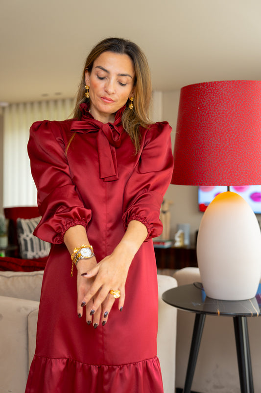 Vestido midi cetim bordeaux